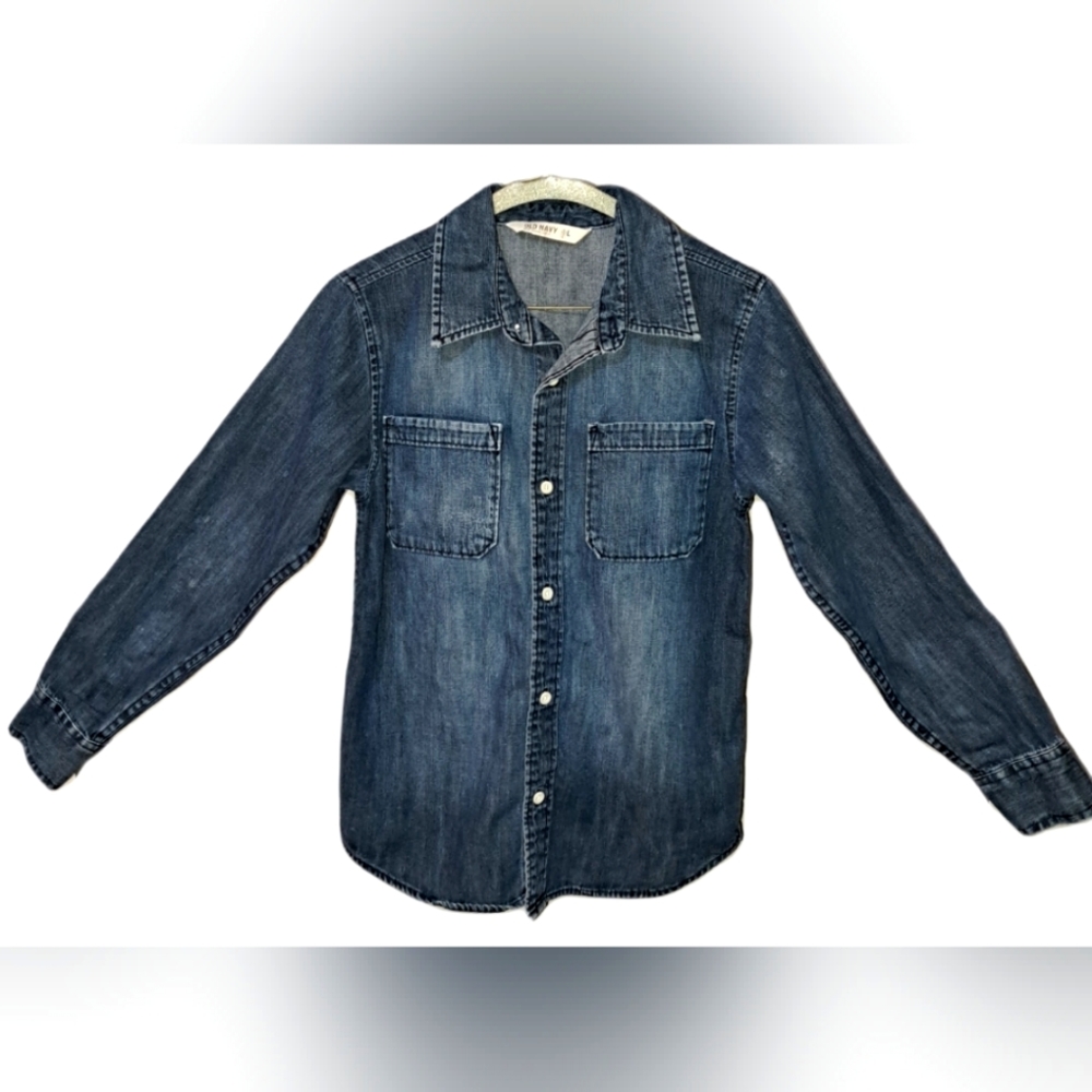 Like New darker blue boys denim button-up shirt size L